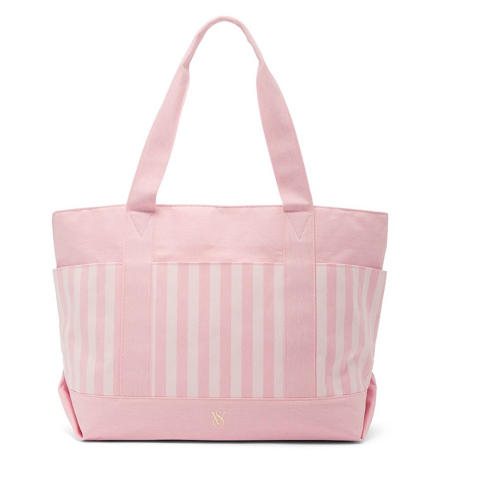 Victoria’s Secret Pink Striped Pocket Tote Bag (Pink & White)
